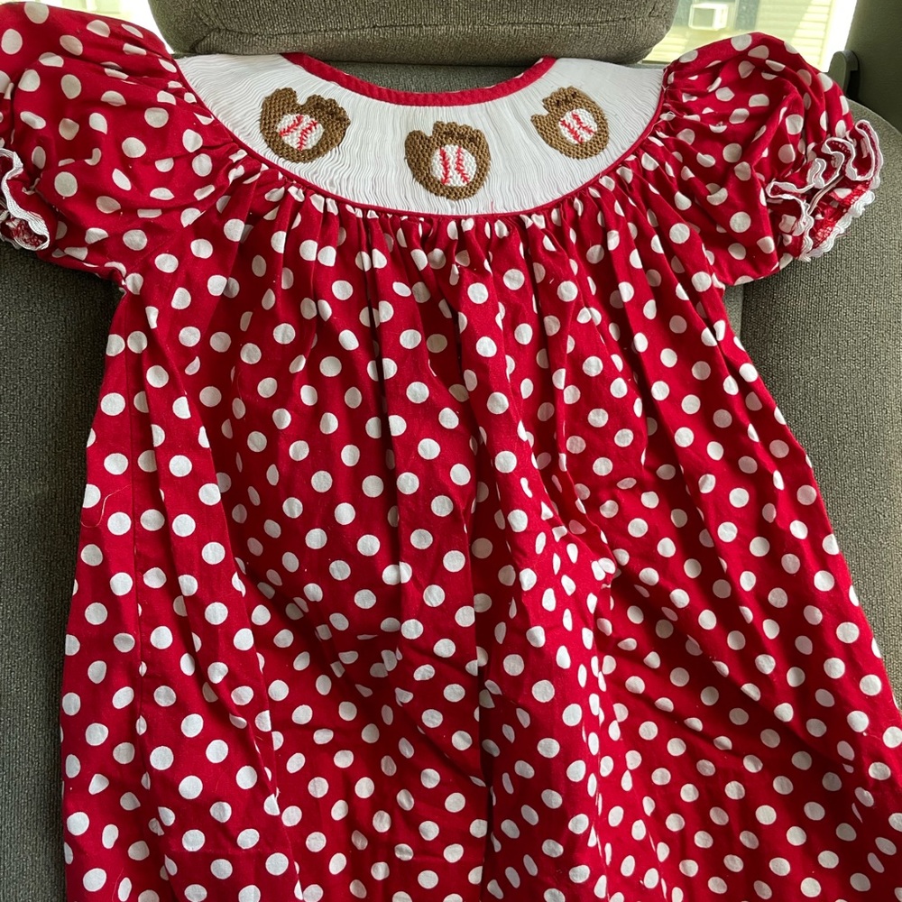 SMOCK! ❤️ Red Polka Dot Kids Dress With Softball Embroidery